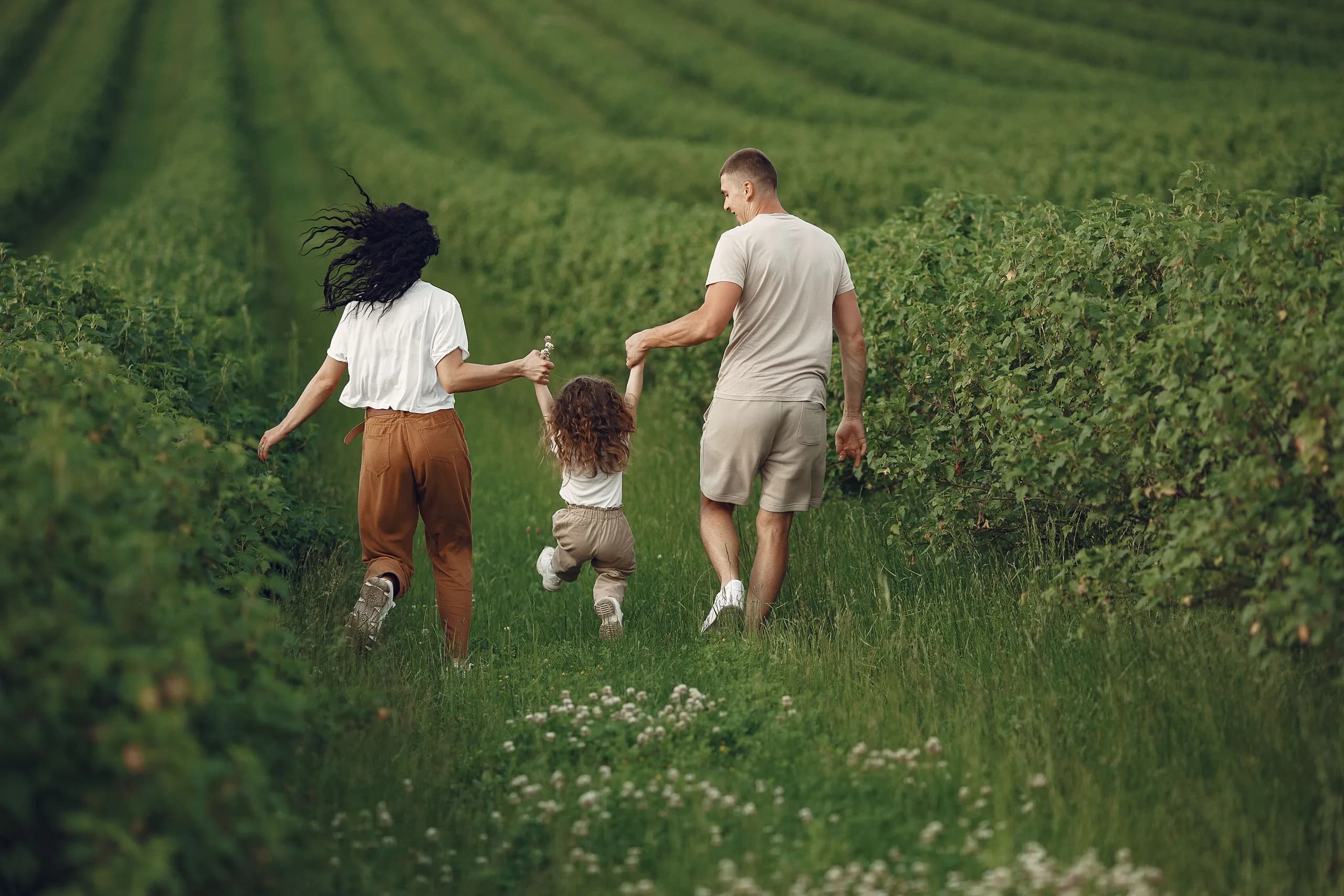 A family walking hand in hand through a green field